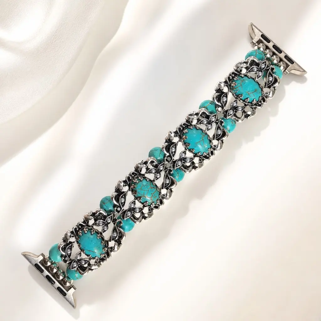 1 Pc Vintage Turquoise & Pearl Inlaid Zinc Alloy Elastic Watch Band, Straps, Smartwatch Strap, Hollow Cloud Pattern For Iwatch Ultra 3/2/1 SE 38-49mm, 20/22mm Standard Spring Bar, Fits Samsung Huawei Garmin, Couple Gift, Smart Watch Accessories