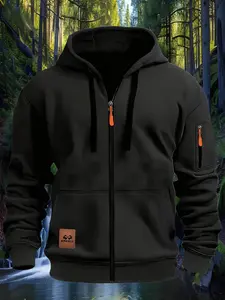 Men's Casual Hooded Zipper Jacket with Pockets, Long Sleeve Fleece Coat, Perfect for Spring & Fall, Solid Color Outerwear