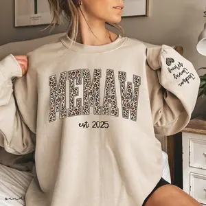 Custom Leopard Memaw Sweatshirt With Kid Name on Sleeve, Personalized Memaw Sweater Gift, Nana Leopard Print Hoodie, Grandma Gift For Her