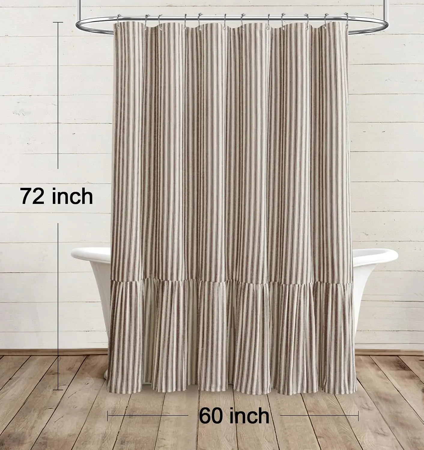 Farmhouse Linen Blend Shower Curtain - Cream-Brown Stripe, Ruffle Hem, Washable, Lightweight, Country Vintage Rustic Natural Fabric, 60" W x 72" L Boho Bathroom Decor