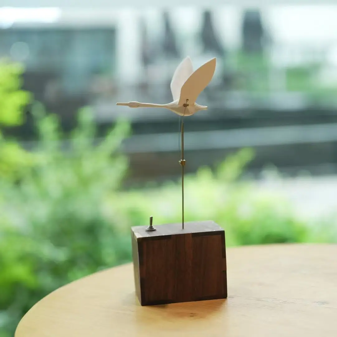 Handmade Artisan Walnut Wood White Swan Automaton Figurine - Traditional Silent Nature Room Decor Statue, Vintage Rustic Home Ornament with Auto Power Off