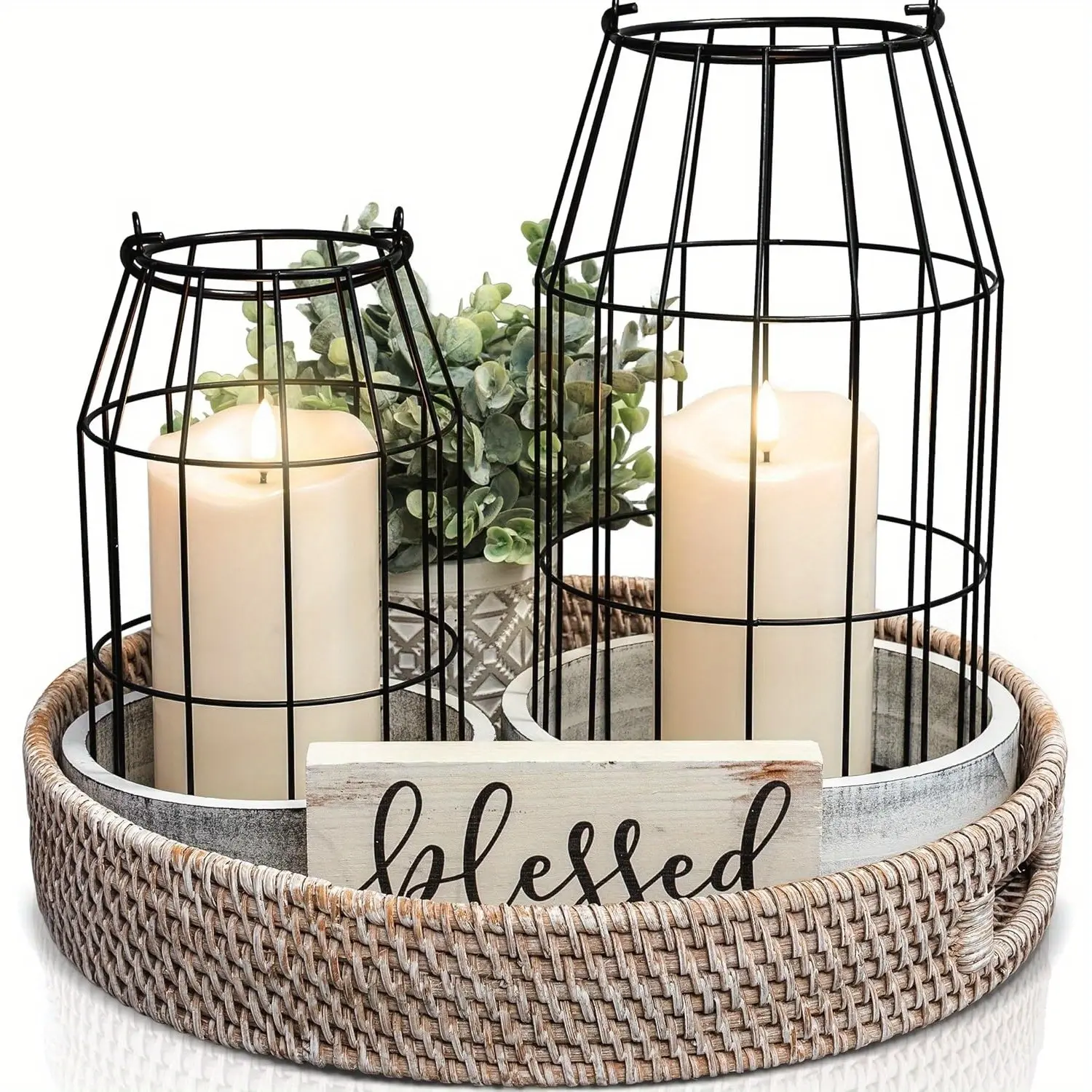2-Piece White Rustic Farmhouse Lantern Decor Set, Spring Country Candle Holders for Living Room Fireplace Mantel, Home Decoration, Wedding & Gift Option