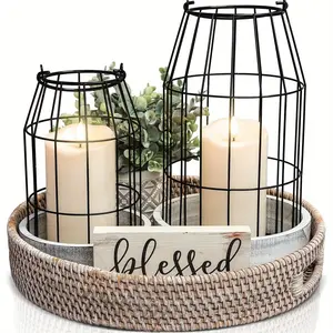 Spring Country Farmhouse Lantern Decor Set 2-Piece White Rustic Candle Holders for Living Room Fireplace Mantel Kitchen Dining Table Modern Elegance Gift