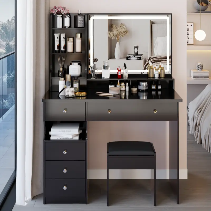 41" Large Size Left Drawer Desktop Vanity Table+Cushioned Stool, Extra Large Touch Control LED Mirror, 3-color Switch, Multi Layer High Capacity Storage Fashionable Dresser, Suitable For Large Space