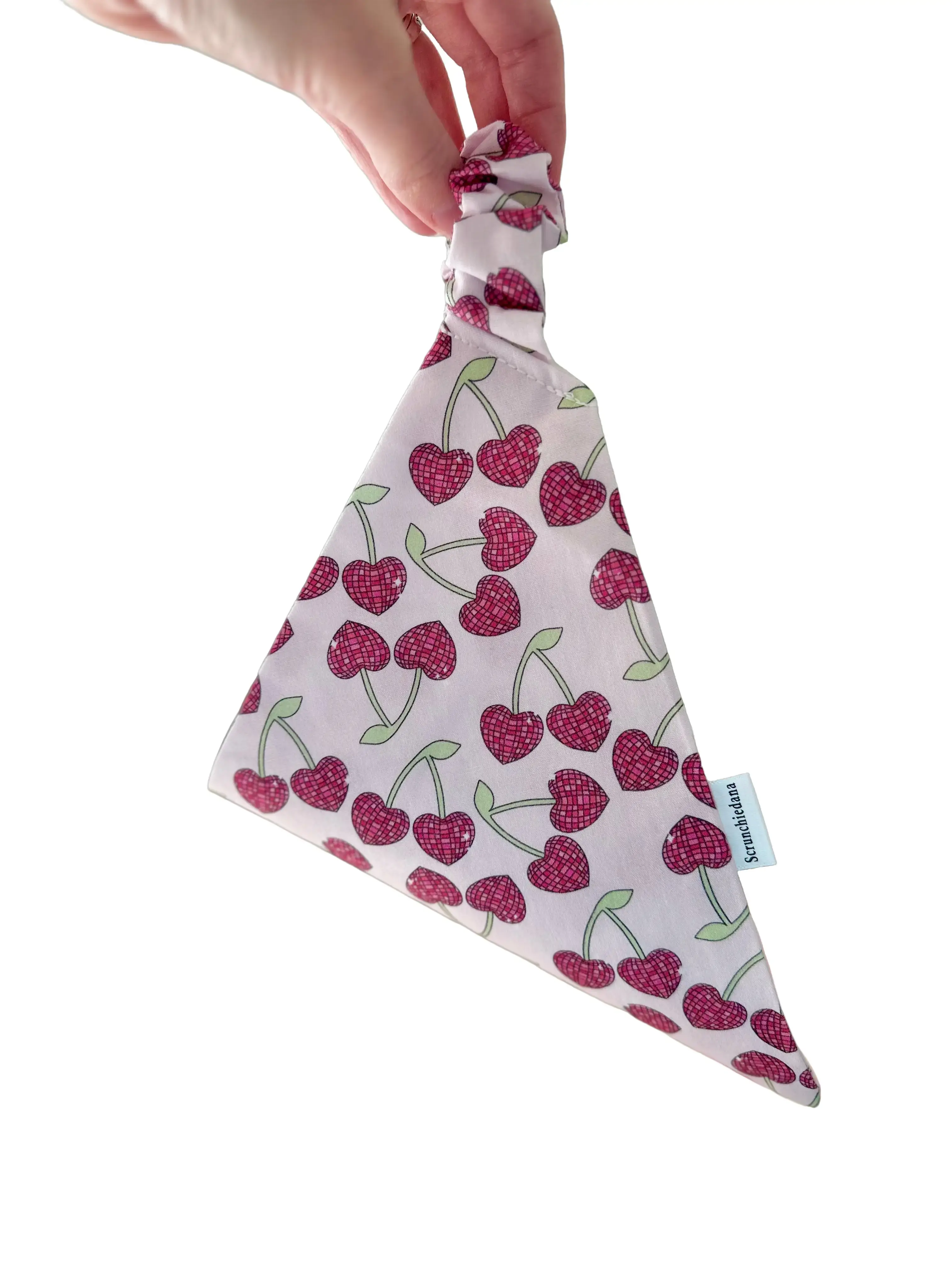 Cherries Dog Scrunchiedana,dog scrunchie, elastic dog bandana, user friendly dog bandana, dog accessory, slip on dog bandana, stretchy, fashionable