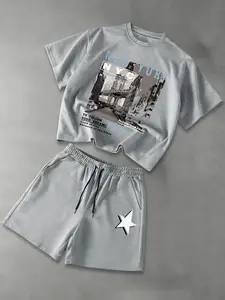 This men's two-piece set includes a printed crew neck short-sleeved T-shirt and a pair of star-patterned shorts, creating a comfortable and casual look.