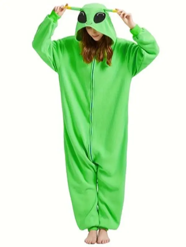 Women's Soft Plush Hooded Alien Onesie Pajama Costume, Machine Washable Polyester Nightwear, Snug Fit for Halloween Cosplay & Costume Games, Space Theme Special Clothing