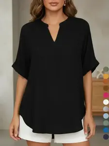 Women's Plain Short Sleeve Blouse, Shirts, Casual Solid Color Top for Daily Wear, Ladies Clothes for All Seasons