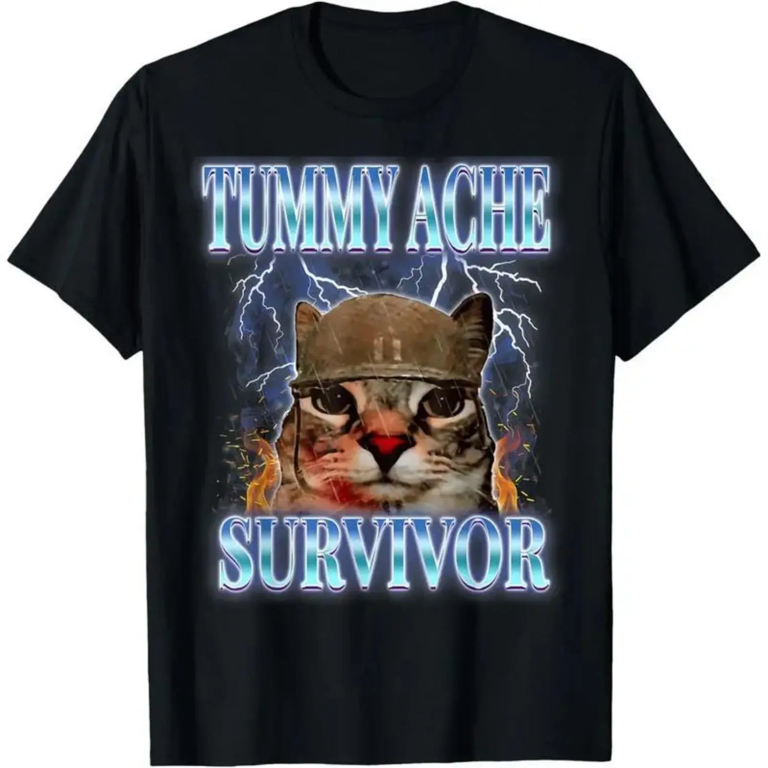 "Stomachache Survivor" Cat Funny Expression Animal T-shirt, suitable for adults, children, and boys, patterned T-shirt, fun retro fashion short-sleeve top, vacation clothing
