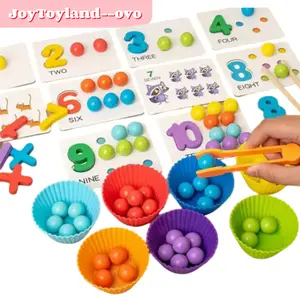 JoyToyland Wooden Number Matching Game Educational Toy with Colorful Beads Math Symbols Cupcake Liners Pencils for Early Learning Development