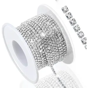 10 Yards 2MM Crystal Rhinestone Close Chain Trim for Sewing Crocs Shoes Clothes Cups, SS6 Claw Rhinestone Chain for Craft Jewelry Wedding Bouquet DIY Decoration, Silver