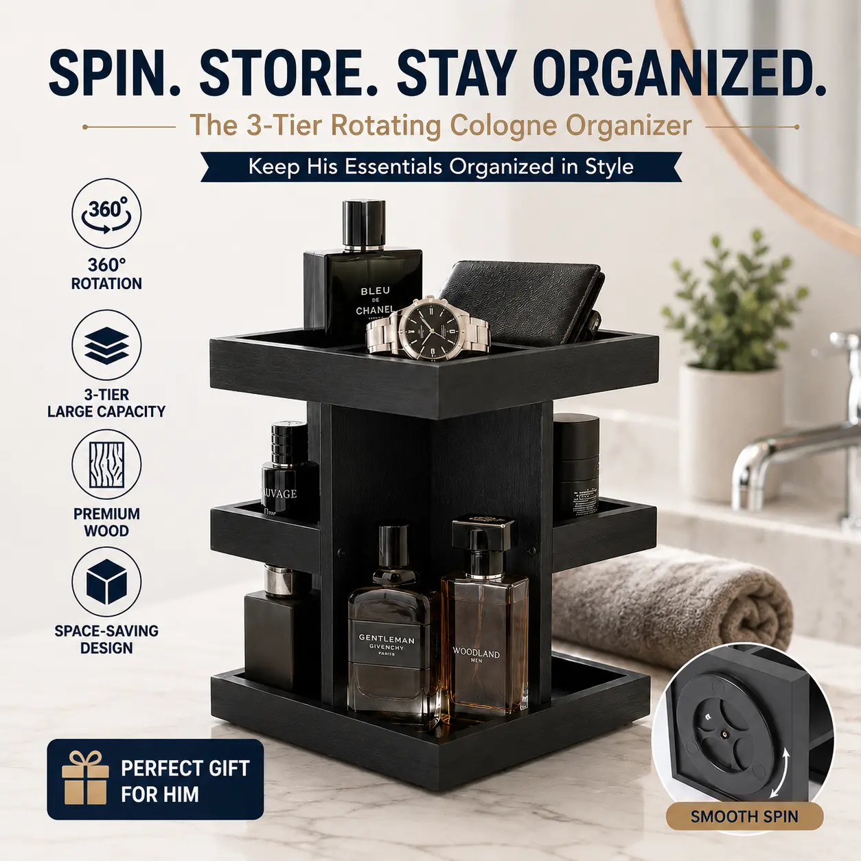 3-Layer Rotatable Geometric Rectangle Wooden Cologne Perfume Stand - Eco-Friendly Manual Bathroom Counter Storage, 9-Compartment Home Organizer, Smooth Beauty Vanity Shelf with Screwdriver & Assembly Guide, Gift for Parents