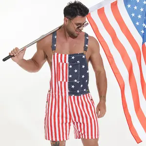 Yuanbang Men's Women's American Flag Adjustable Denim Overalls Shorts, Menswear with Zip, Casual Stretch Rompers, Womenswear Bibs Jumpsuits with Pockets