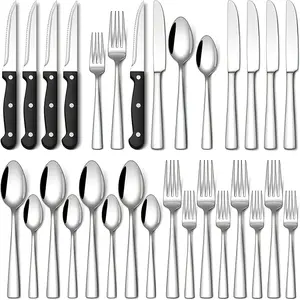 24-PCS Black&Silver Stainless steel tableware fork and spoon set,Silverware Set, Silver Stainless Steel Flatware Set