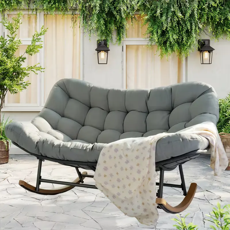 Outdoor Rocking Papasan Chair for 2, Oversized Double Rocking Lounge Chair with Thick Cushion and Heavy-Duty Steel Frame for Patio, Yard, Porch and Garden