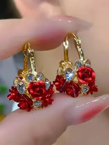 Elegant Rose Rhinestone Earrings, French Vintage Style Ear Cuffs for Women, Perfect Bridal Party Jewelry Gift, Earcuff