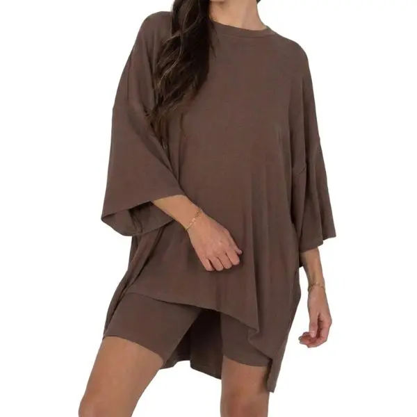 Fisoew Women's 2-Piece Loungewear Set, Lightweight Jersey Fabric Outfit with Oversized Side-Slit Tunic Top and High Waist Biker Shorts, Baggy, Crew Neck