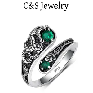 S925 sterling silver women's ring Snake shaped rose inlaid green zircon adjustable spoon , suitable for festivals, gifts, and women's parties