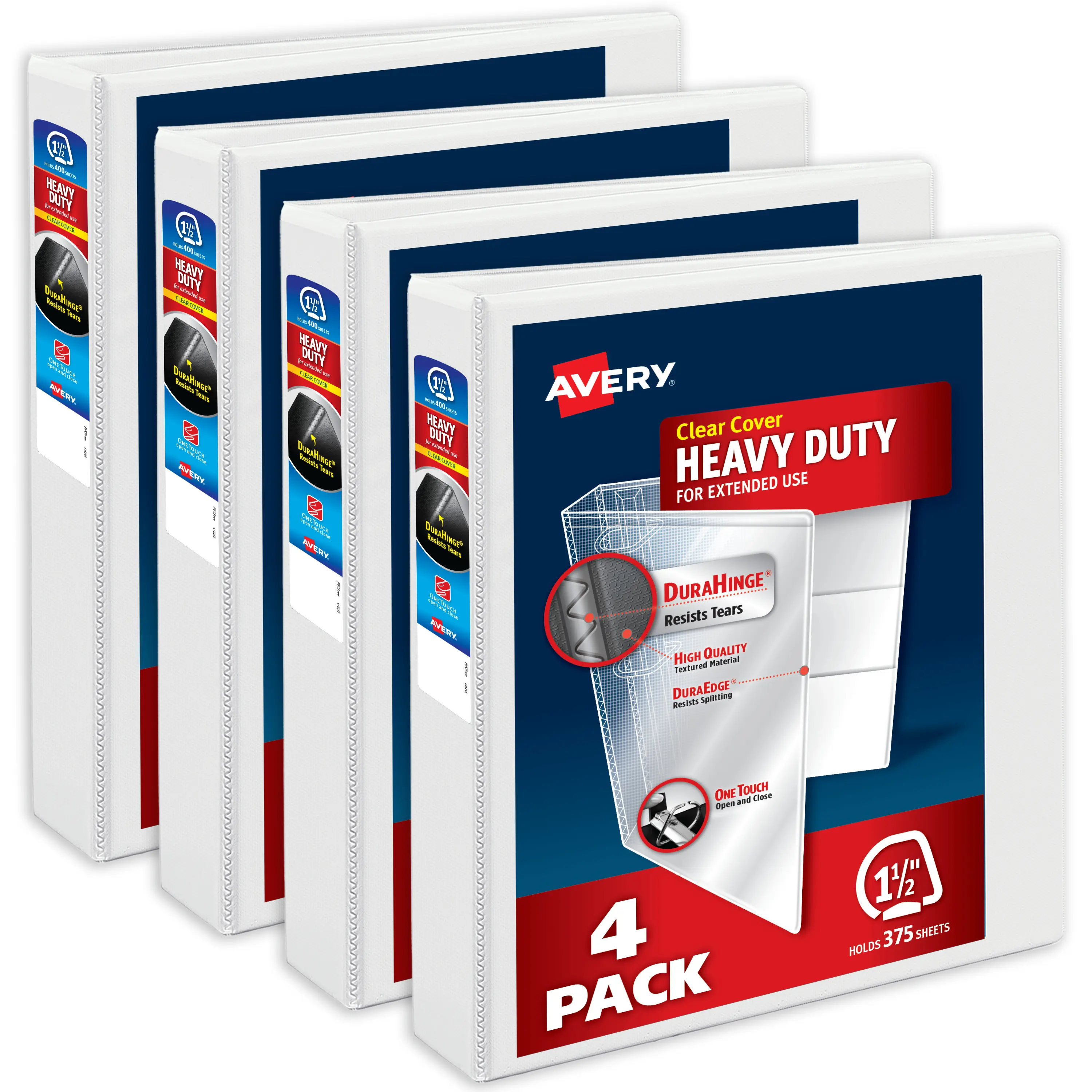 Avery Heavy-Duty View 3 Ring Binders, 1.5 Inch One Touch Slant Rings, 375-Sheet Capacity, DuraHinge, 2.1 Inch Wide Spine, Customizable Clear Cover and Spine, White Binders (4-Pack of 79781)
