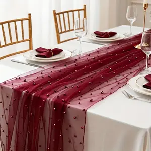 Wine Pearl Sheer Table Runner, Elegant Wedding Birthday Party Decor, Perfect for Dinner Tables, Stylish Event Accessories