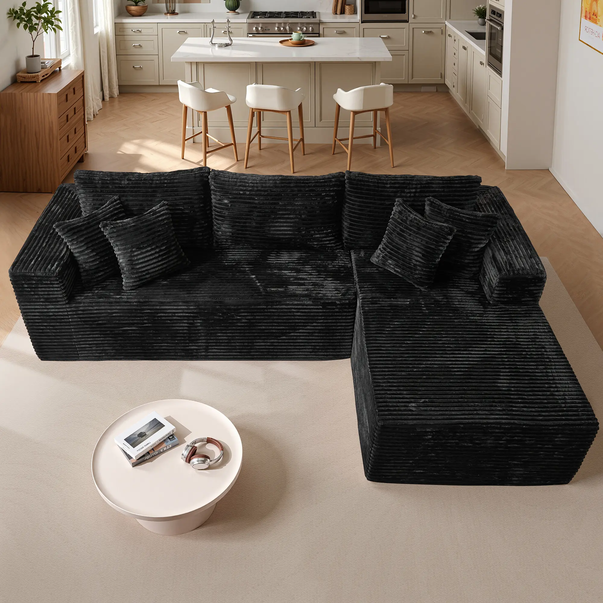 108" Black Plush Corduroy Right Chaise