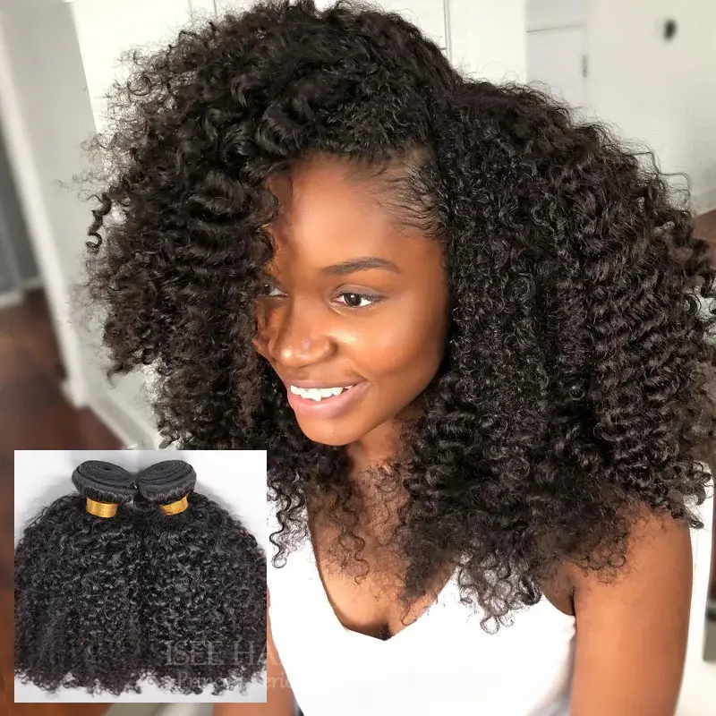 ISEE HAIR Kinky Curly 10A Grade 100% Virgin Human Hair Bundles, Soft Bouncy Curly Weave Hair Extensions, Natural Full & Fluffy Texture, Hair Bundles for Women