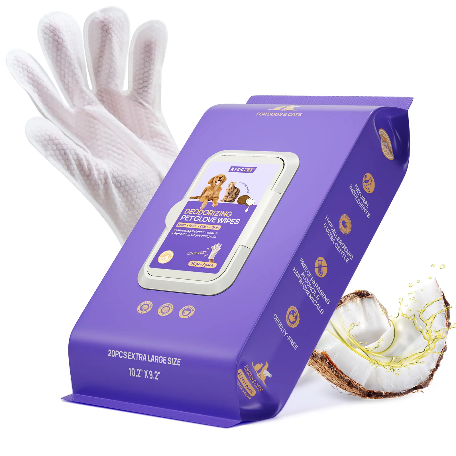 HICC PET Deodorizing Pet Grooming Wipes (20pcs) - Natural Hypoallergenic No-Rinse Mess Free Wipes with Fermented Oils for Hair Removal, Sticky Hair Control, Deodorizing, Skin Hydration, Paw Care, Outdoor Use