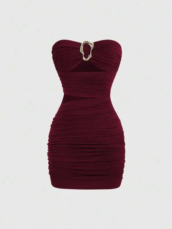 Sweetra Women's Sexy Fitted Metal Buckle Mini Dress