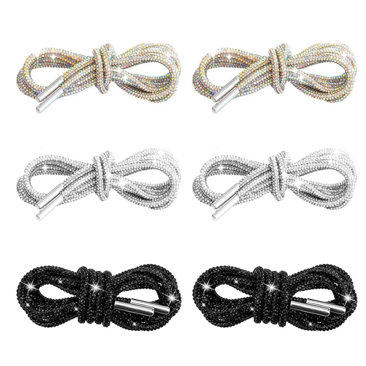 3 Pairs Shiny Glass Rhinestone Round Casual Shoelaces - Synthetic Bling Crystal Glitter Rope Drawstring Cords (Black, White, Rainbow), 55"/140cm Lengthened, Home Improvement Building Supplies for Mother's Day Gifting, Hiking