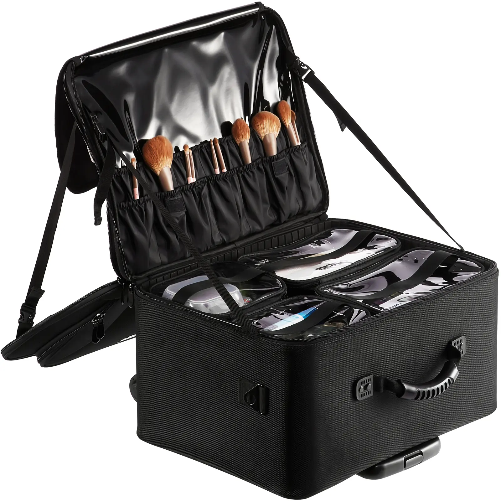 VEVOR Rolling Makeup Train Case Large Storage 3 Tiers,  Convenient Carry With Handle, Wheels, Strap, Professional Makeup Storage Organizer Box Make Up Carrier Waterproof Oxford, Black