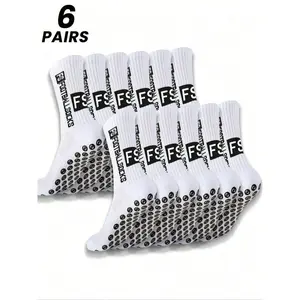 6 Pairs of Men's Mid-Calf Soccer Socks, Sports Socks with Black & White FS Letter Color Blocking and Silicone Grip, with Mesh Ventilation Zones and Moisture-Wicking Quick-Dry Fabric, Hardcore Athletic Style for Game-Ready Performance