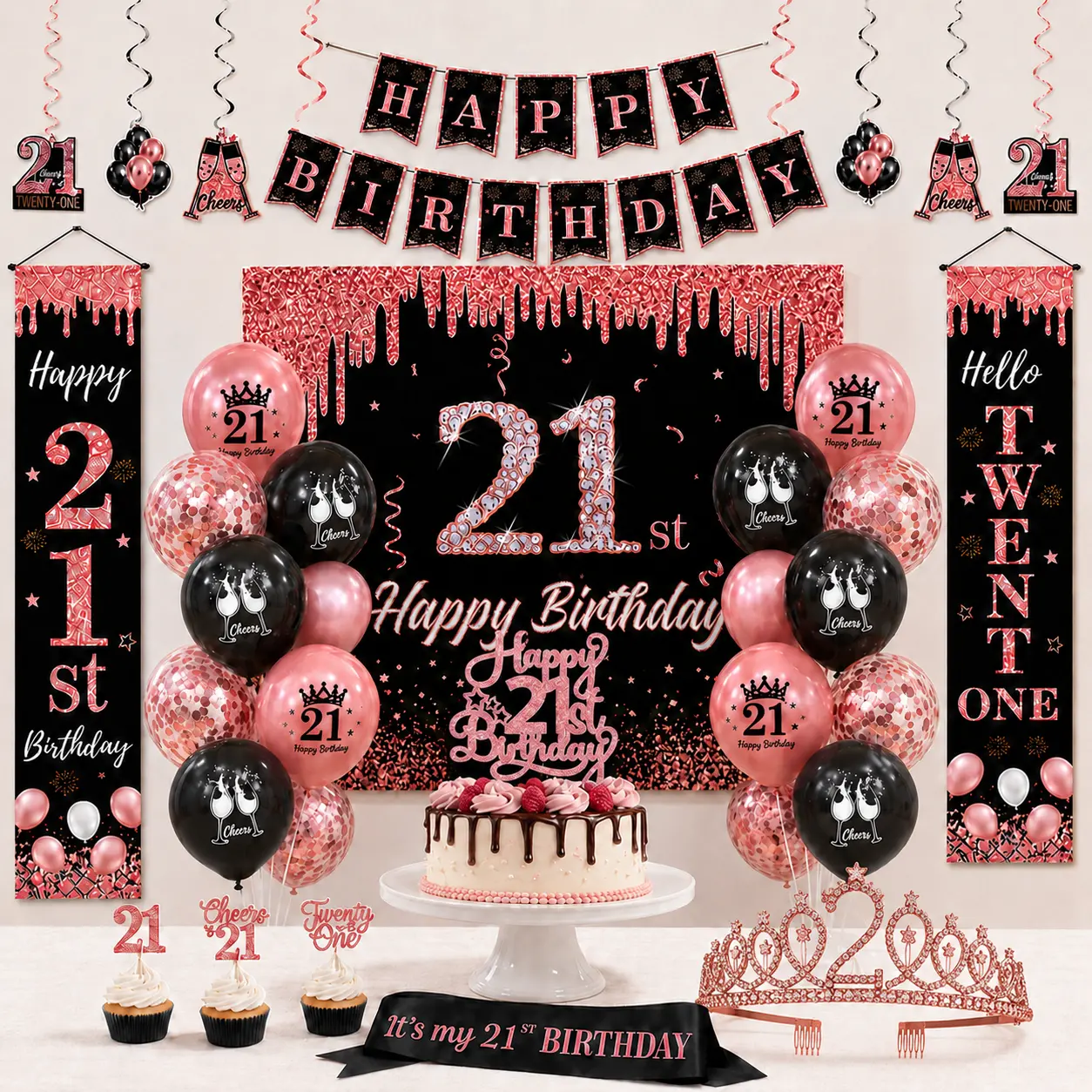 21st Birthday Decorations for Girls Rose Gold Black Party Kit | Birthday Queen Crown Sash Backdrop Balloons Porch Sign Decor