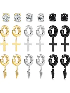 9 Pairs Stainless Steel Cross Earring for Women Men CZ Magnetic Stud Earring No Piercing Hoop Huggie Ear Clips Cross Feather Hinged Earring Set Fashion Jewelry Earrings