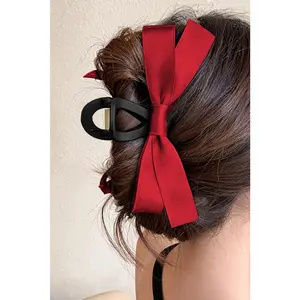 Fiery Red Solid Color Ribbon Bow Decor Hair Clip