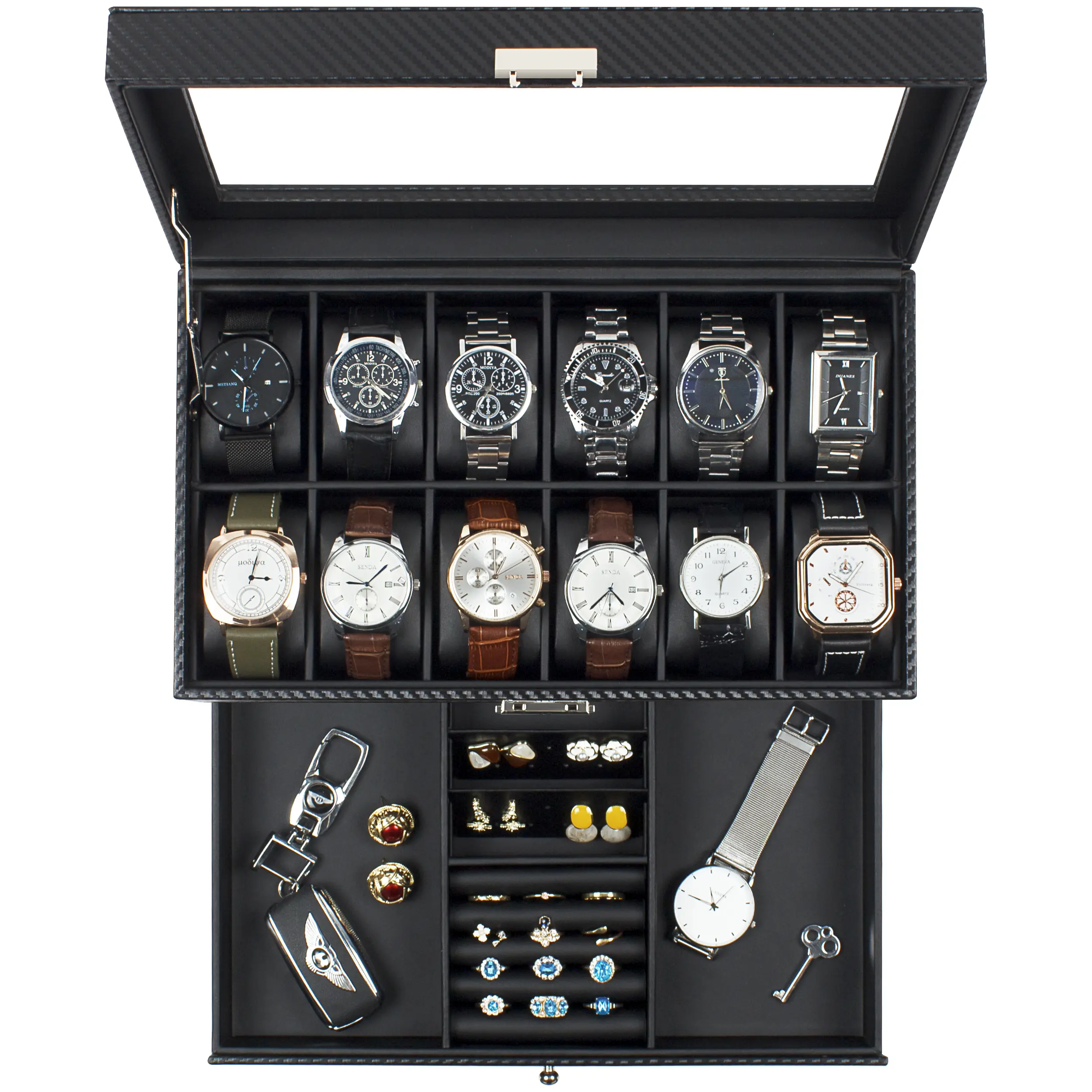 GUKA 12-Slot Modern Rectangle Leather Watch Box with Glass Top - Drawers, Men's Home Organizer Storage Case, Fashionable Accessory, Ideal Birthday Gift,dorm essentials,home decor