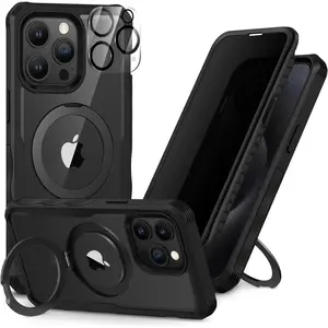 Privacy for iPhone 15 Pro Max Case, Full Body Phone Case [Compatible with Magsafe] Built-in 9H Tempered Glass Privacy Screen Protector and Magnetic Ring Stand, Clear Camera Lens Cover -Black