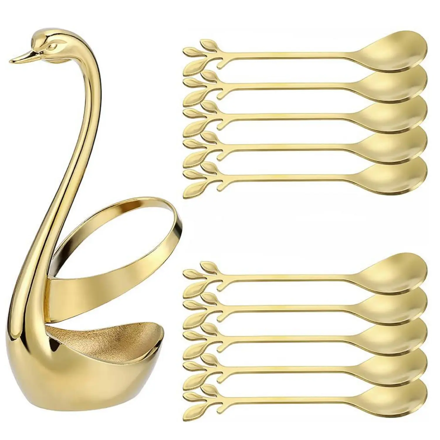 Gold Small Coffee Spoon Holder Set,Swan Base With 10 Pcs Demitasse Espresso Spoons Set,4.7" Mini Leaf Dessert Spoon,Stainless Steel Tea Spoons - Home Improvement.