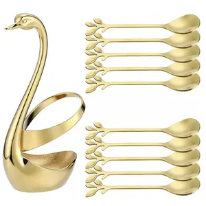 Gold Small Coffee Spoon Holder Set,Swan Base With 10 Pcs Demitasse Espresso Spoons Set,4.7" Mini Leaf Dessert Spoon,Stainless Steel Tea Spoons - Home Improvement.