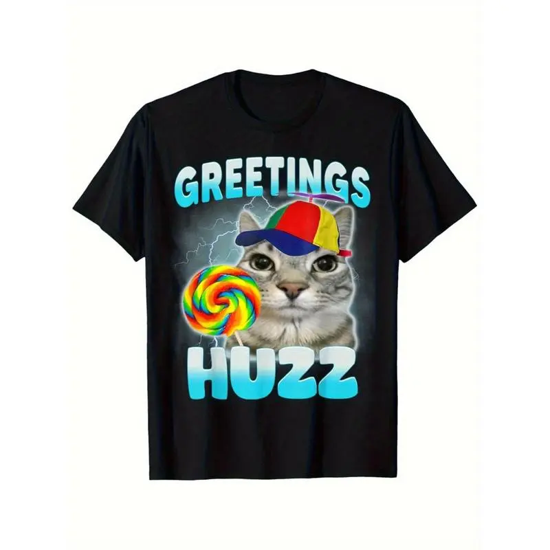 Menswear Short-Sleeve Round Neck Top, "Where The Huzz At" Funny Cat Meme Sarcastic Crewneck, Casual Streetwear T-Shirt