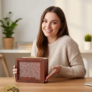 10000 Savings Challenge Box,Cash Vault Wooden Savings Box,kakeibo Money Box,Wooden Bank Coin Bank with Counting Target,The Best Gift for Boys, Girls, and Friends (Light Brown)