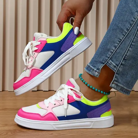 Fashion Colorblock Lace Up Low Top Athletic Sneakers, Casual Athletic Footwear, Casual Breathable Comfortable Sports Shoes, Female All-match Round Toe Skate Shoes, Walking Shoes, Low Top Trainers