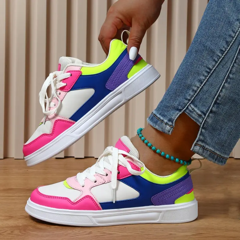 Fashion Colorblock Lace Up Low Top Athletic Sneakers, Casual Athletic Footwear, Casual Breathable Comfortable Sports Shoes, Female All-match Round Toe Skate Shoes, Walking Shoes, Low Top Trainers