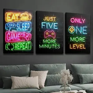 3-Piece Framed Wood Triple Panel 2D Flat Neon Gamer Art Photo Print Set, Modern Artistic Design, Durable Glossy Waterproof Wall Decoration, Suitable for Gamer Room & Kitchen