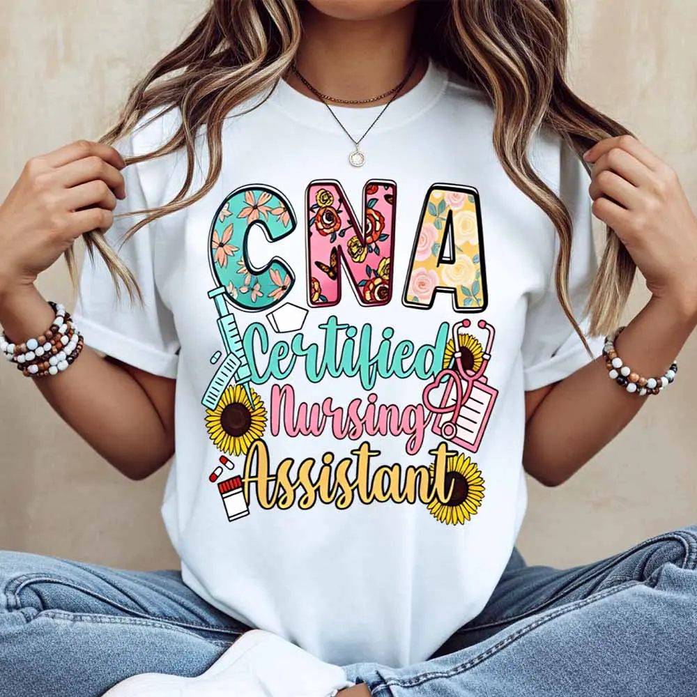 Cna Certified Nursing Assistant Floral Design T Shirt Women Casual Short Sleeve Top