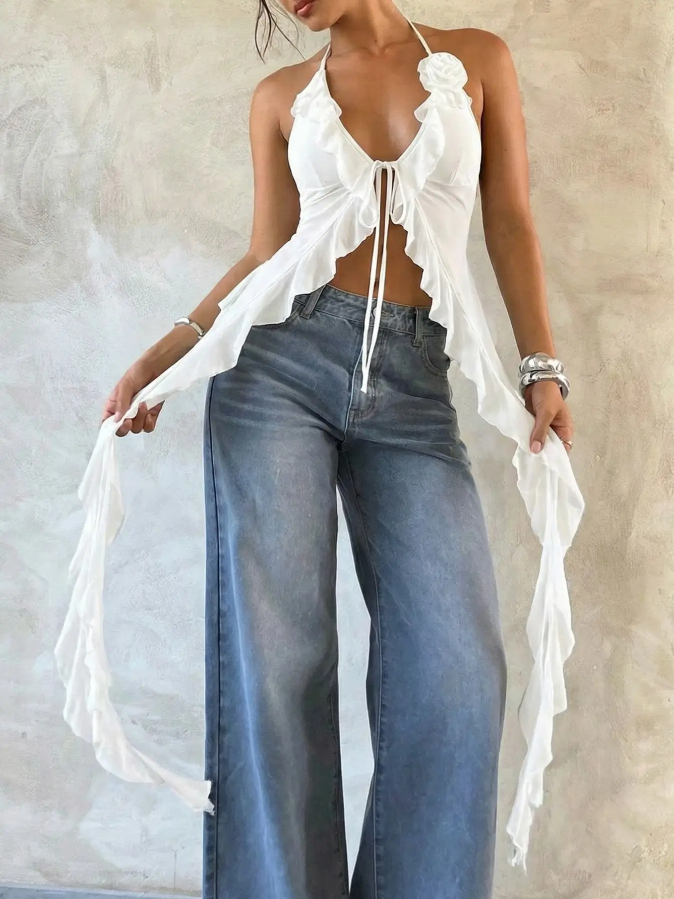 Women Halter Neck Design Ruffle Crop Top Tie Front Boho Sleeveless Backless Bohemian Blouse Deep V Neck Backless Flowy Chiffon Top Sexy Y2K Chic Beach Vacation Festival Outfit Lightweight Top White Womenswear