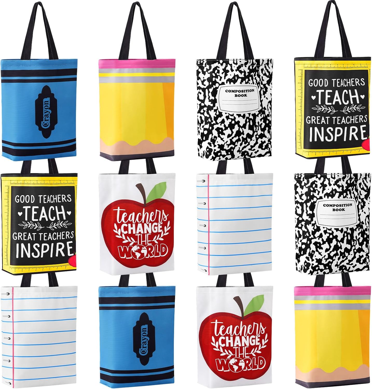 6/12 Pcs Back to School Teacher Gift Bags Canvas Tote Bags with Pencil Crayon Marble Notebook Apple Pattern Thank You Gift Handbags for Teacher Student,School Study Supplies,Welcome First Day of School Teacher Appreciation Class Rewards Graduation Gift