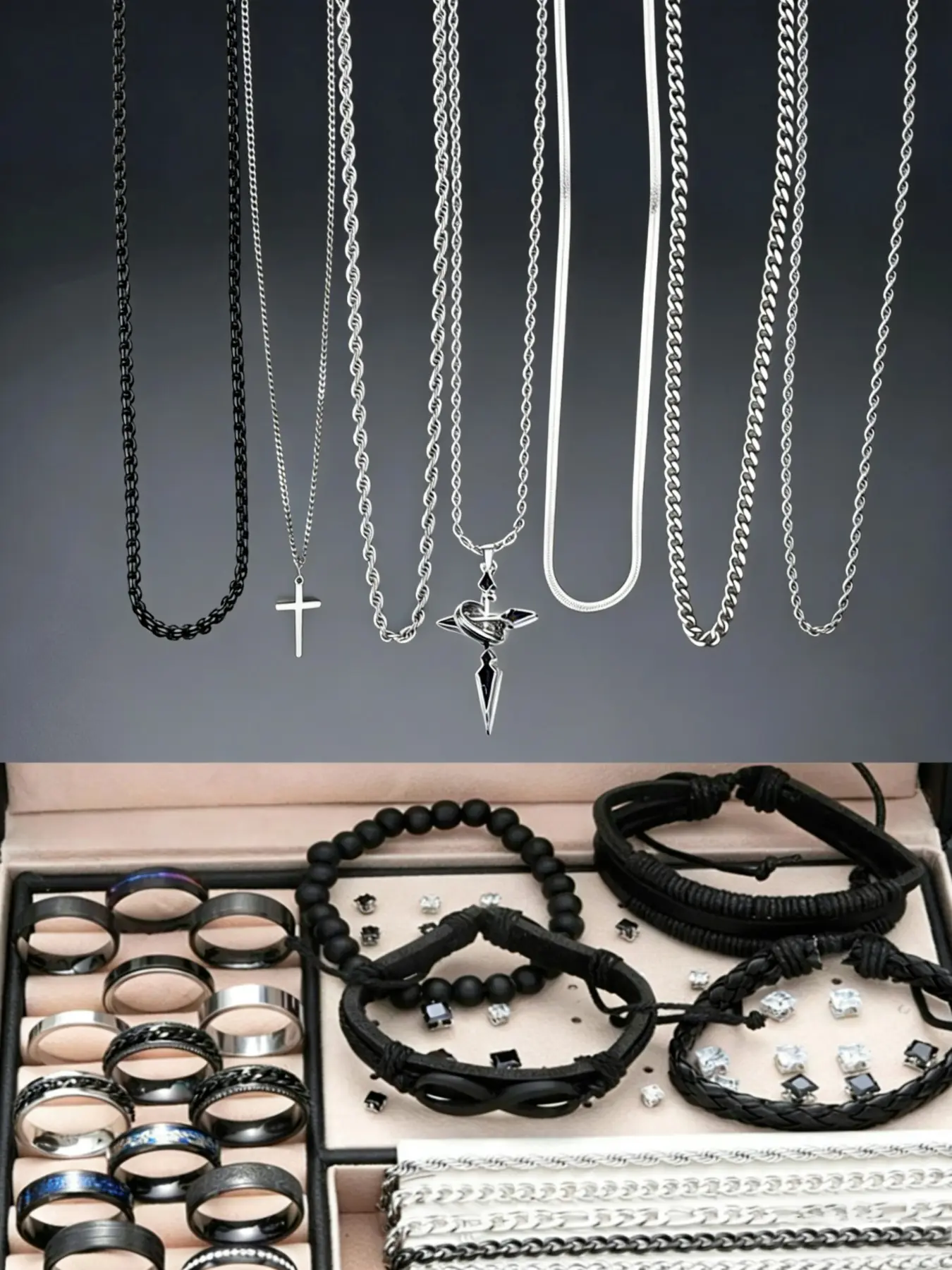 Men's Fashion Jewelry Set, Fashionable Jewellery Gift Set, Casual Trendy Cross Pendant Necklace & Braided Bracelet & Earrings & Rings & Chain Bracelet, Hip Hop Fashion Jewelry Set for Party & Daily Decor, Necklaces Earrings Set, Necklace And Earring Set
