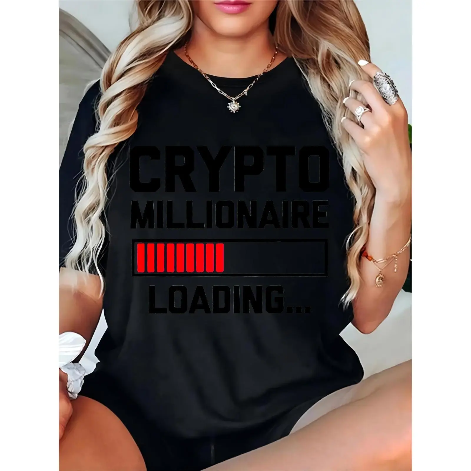 Women's Comfortable Short-Sleeve Round Neck Cotton Tee - Simple, Elegant Fit, Crypto Millionaire Loading Graphic Print Top for Crypto Enthusiasts, Daily Wear Pair with Skirts