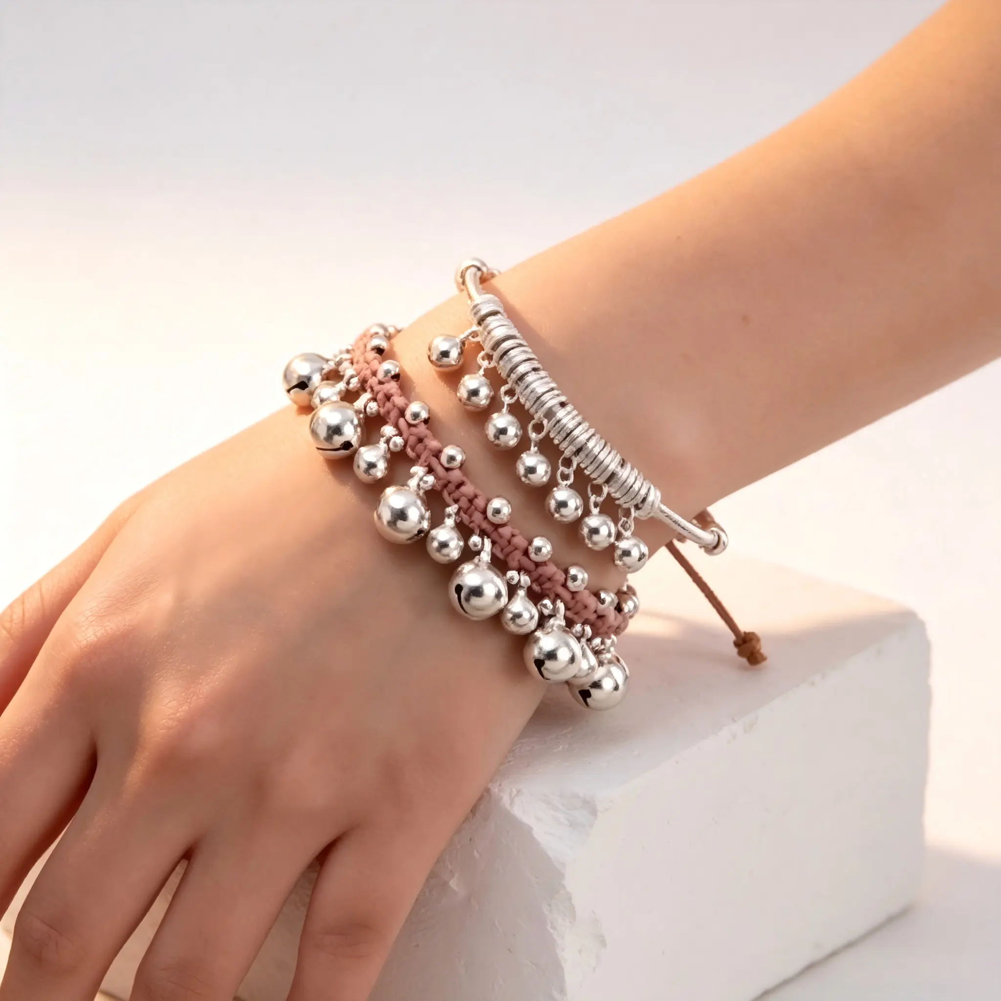 Women's 2-Piece Adjustable Boho Silver Bell Tassel Beading Cuff Bracelet Set - Handmade Woven, Soothing ASMR Chime Sound, Everyday Calming Jewelry unisex pack anniversary link