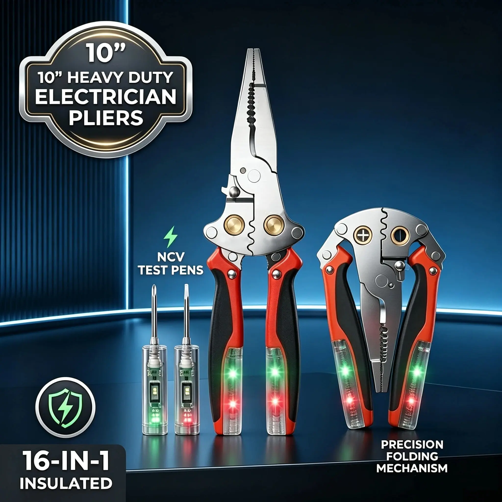 10-Inches Heavy Duty Folding Electrician Pliers, 18-in-1 Premium Stainless Steel Tool with Wire Stripper, Voltage Tester and 2 Removable Test Pens
